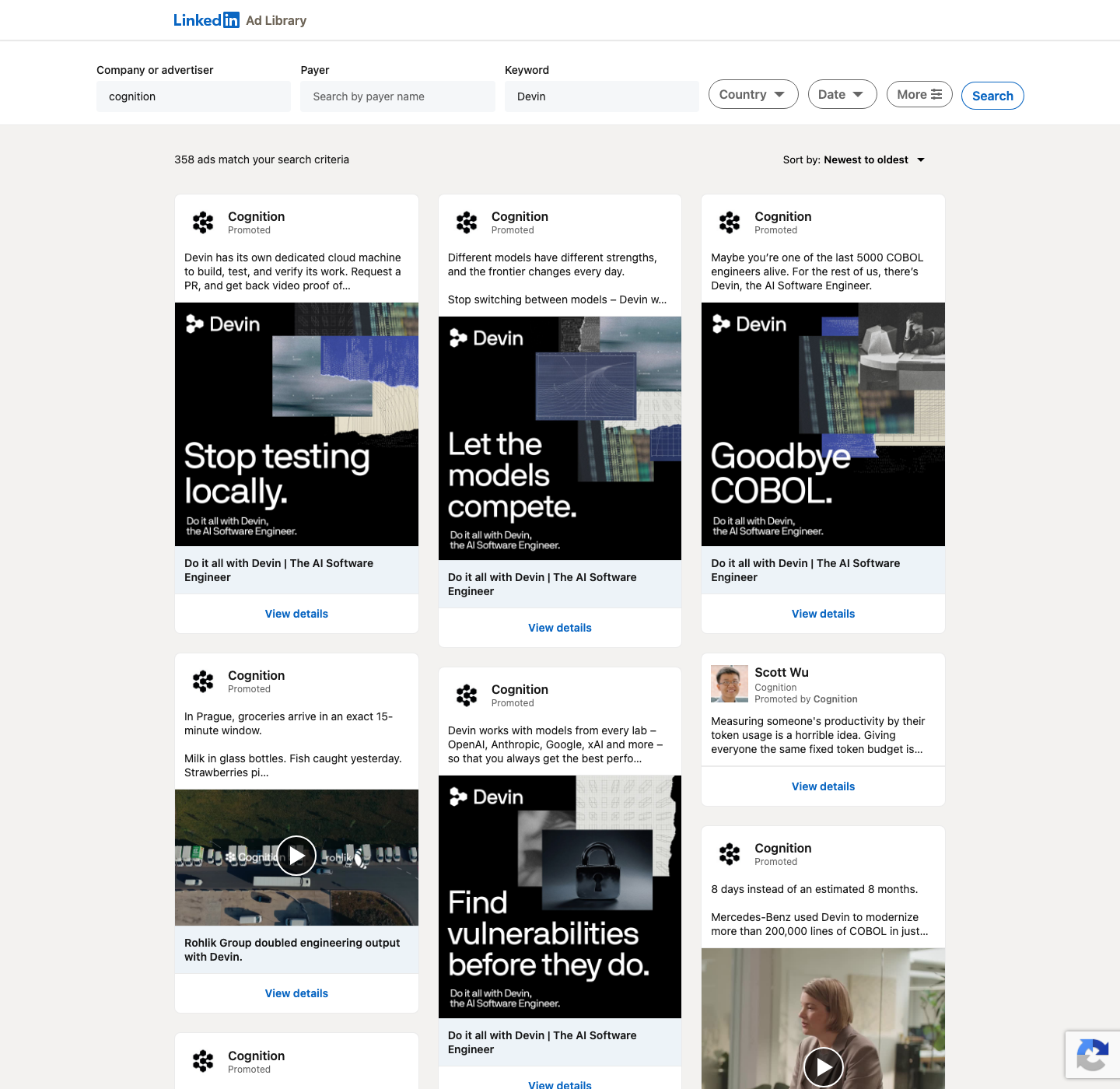Cognition's LinkedIn ads for Devin: art-directed black statics reading Goodbye COBOL and Stop testing locally